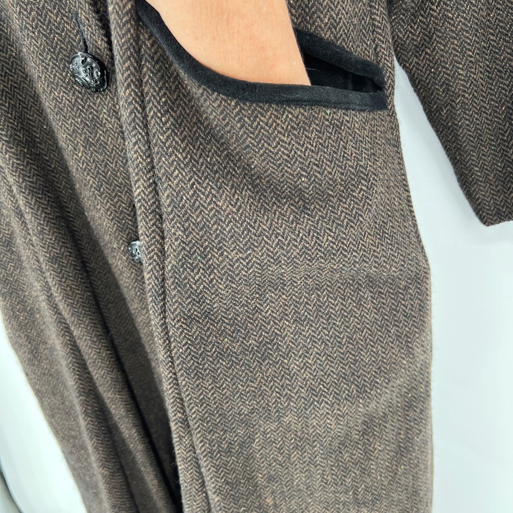 Flax Jeanne Engelhart Herringbone Wool Tweed‎ Coat Velvet Collar Retro Size S - Picture 4 of 9